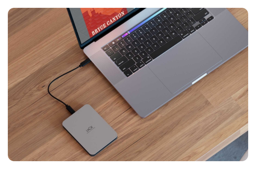 LaCie 2TB Mobile Drive connected to a laptop, LaCie 2TB Mobile Drive